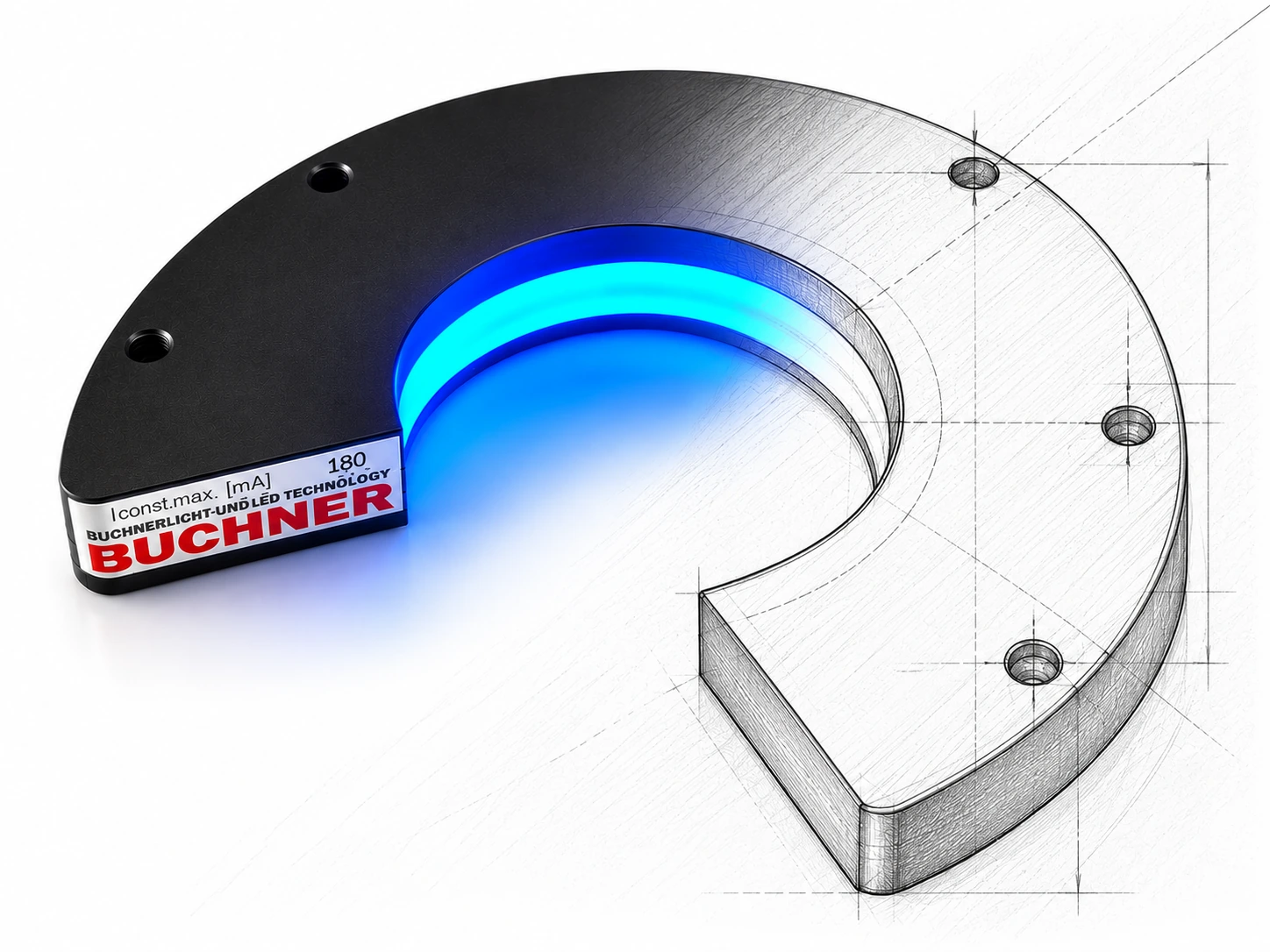 Individuelle Sonderbeleuchtung von Büchner Lichtsysteme mit blauem Leuchtfeld und kundenspezifischer Geometrie
